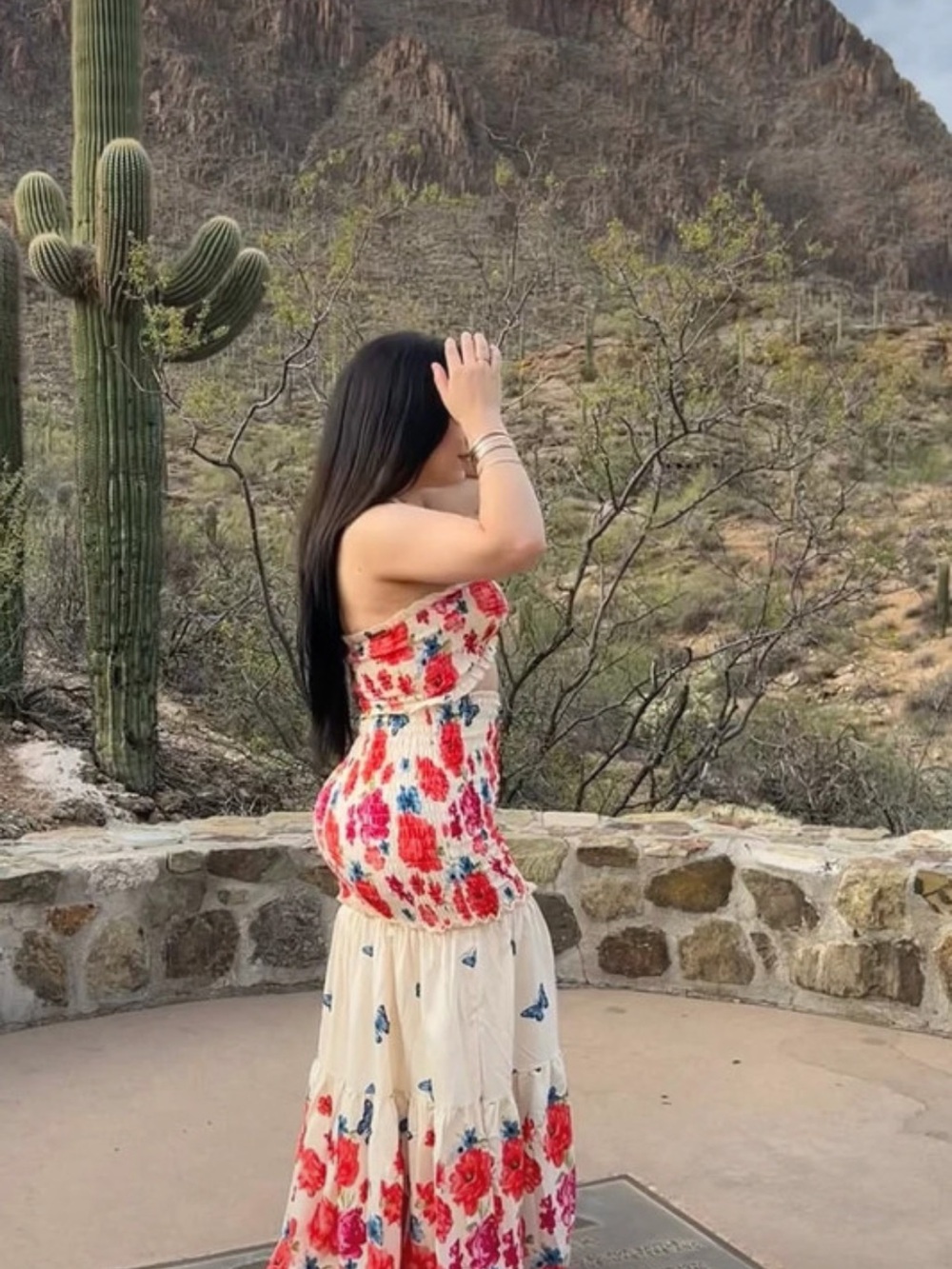 Strapless Floral Maxi Dress in Red and Cream